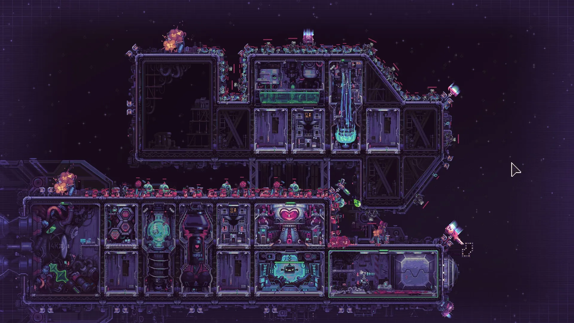 Hull Rupture compact ship layout with adjacent production modules and outer turrets