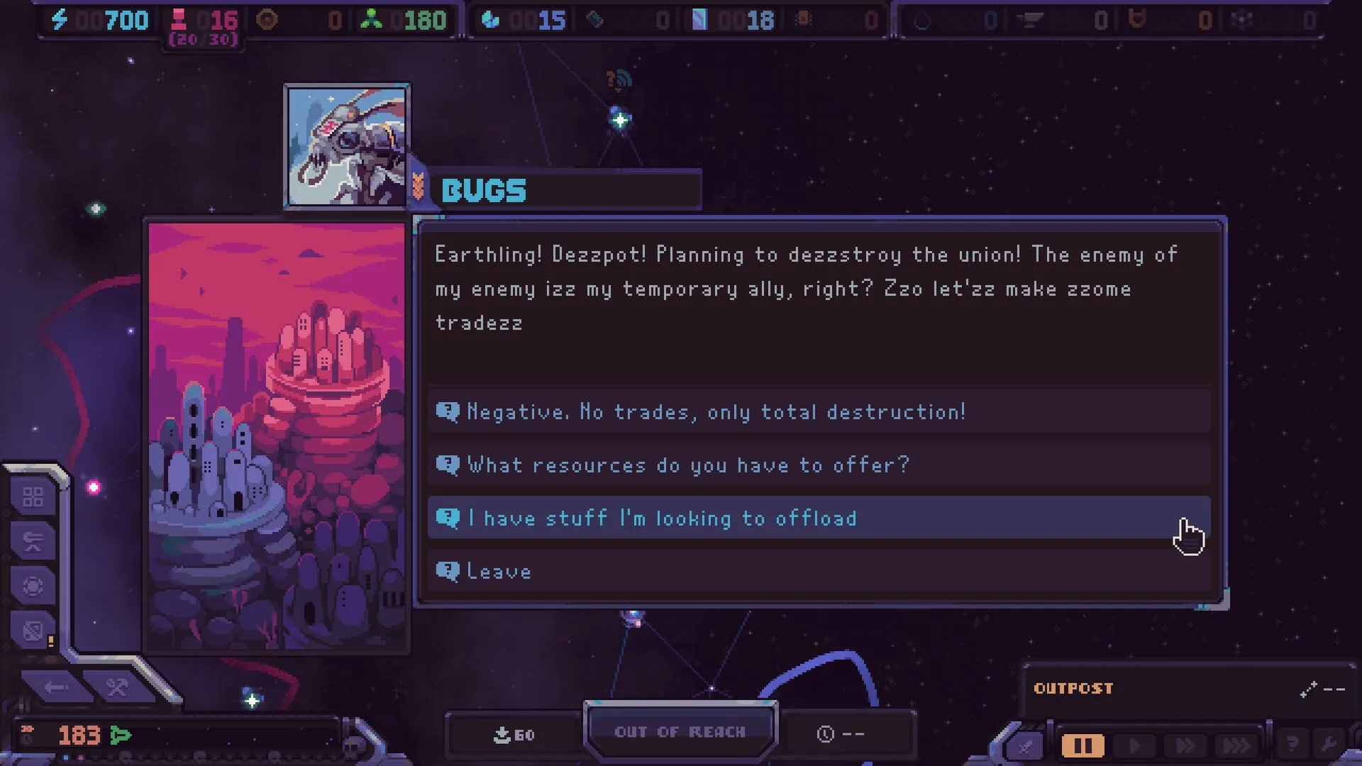 Hull Rupture narrative event with dialogue choices and a faction portrait