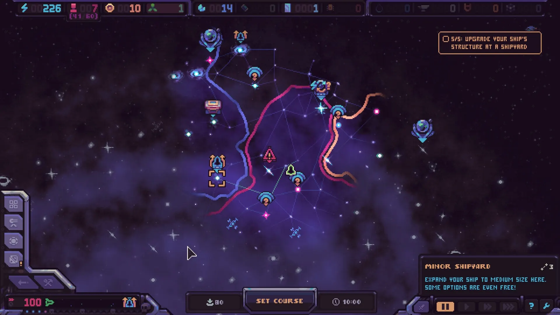 Hull Rupture galaxy map showing star routes, shipyard and set course controls