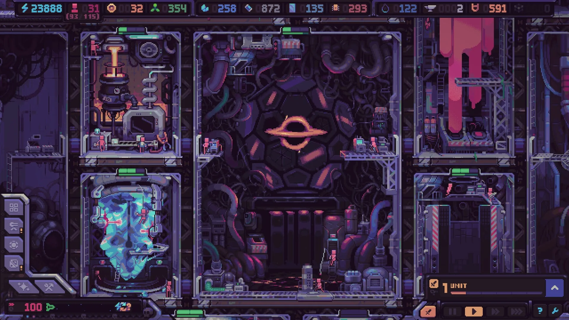 Hull Rupture production modules with humans working inside glowing resource rooms