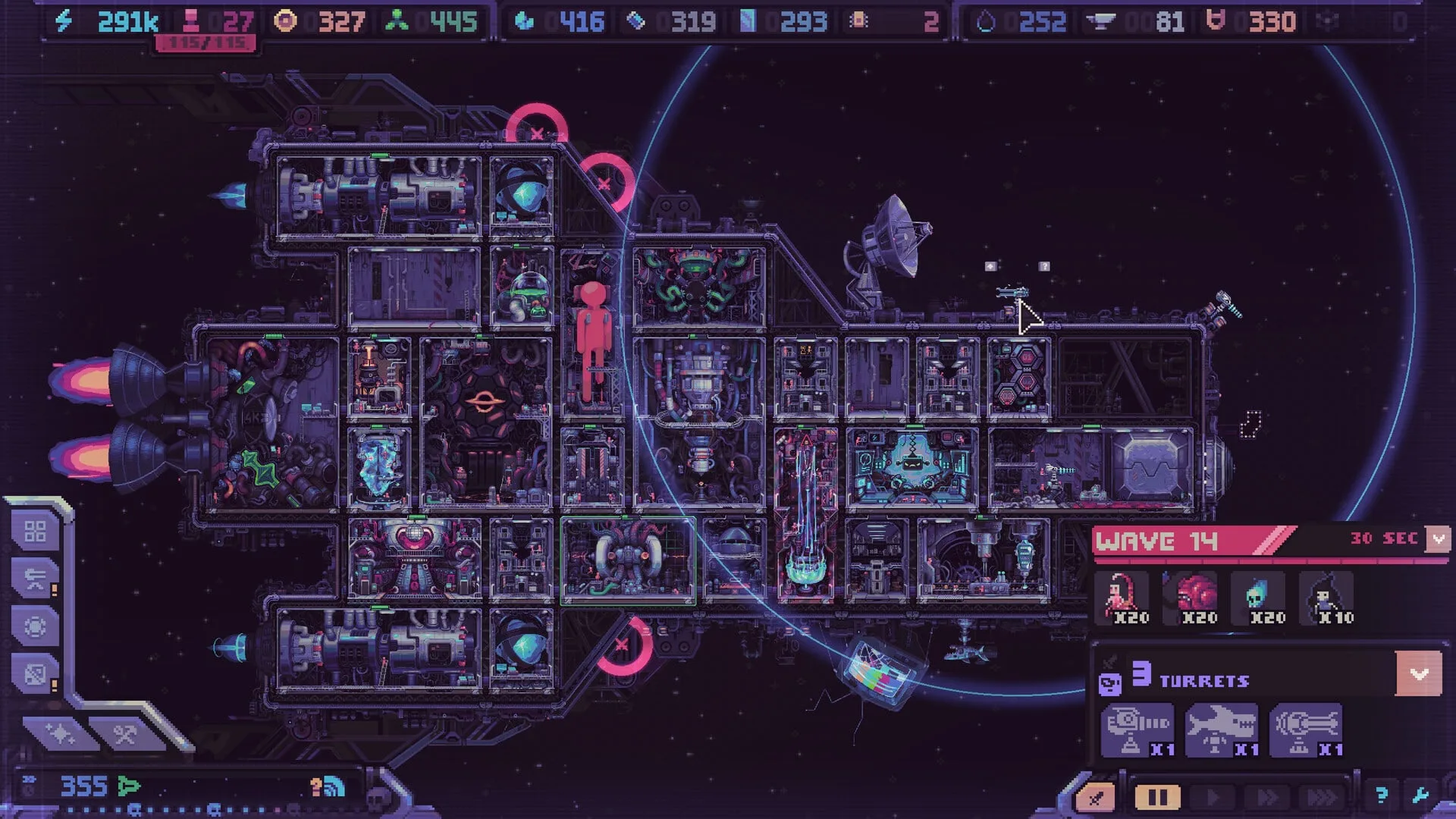 Hull Rupture ship cross-section showing production modules, engines and hull turrets